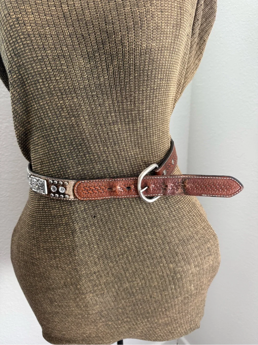 Nocona Brown Studded Leather Belt with Rhinestone and Ornate Silver Buckle